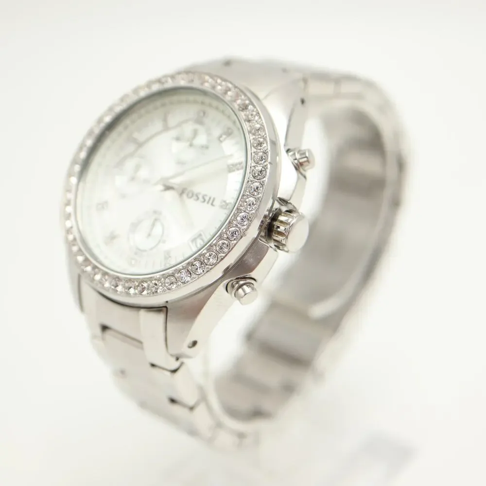 Fossil Decker Silver Tone 37mm Chronograph Watch Jewel Steel ES2681 New Battery